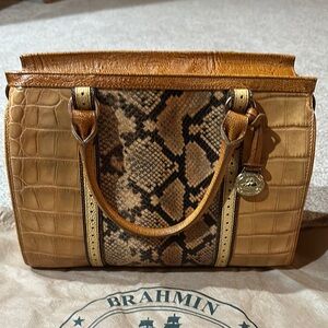 Brahmin Tan and Brown Satchel with Crocodile Embossed Leather